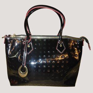 Arcadia Italy Handbag Satchel Black Patent Leather Embossed Design Gold Hardware